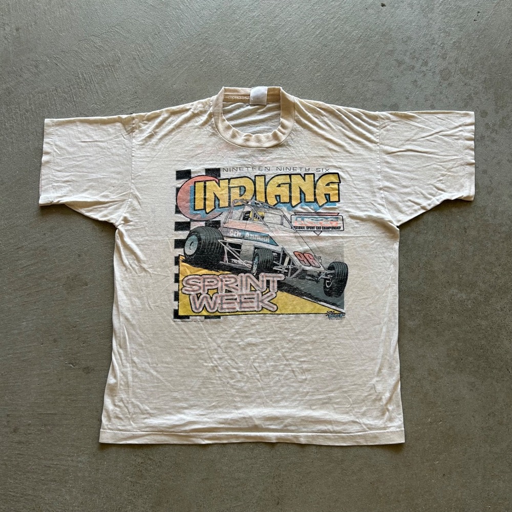 Vintage 90s Indiana Sprint Week Shirt Size Large White 96 USAC Racing Paper Thin
